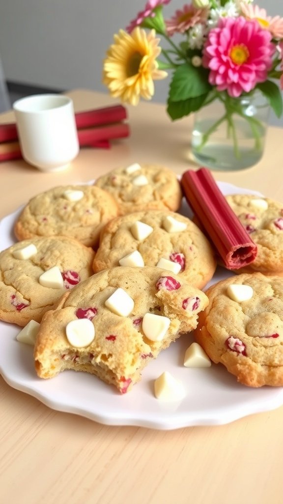 A plate of rhubarb cookies with white chocolate chips, surrounded by flowers and rhubarb stalks.