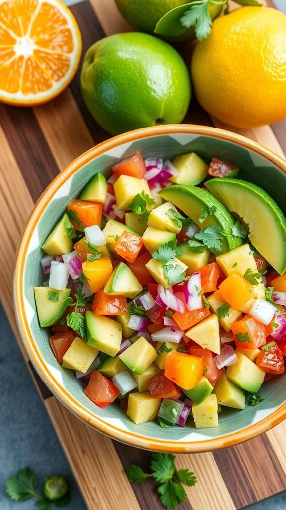 A bowl of colorful citrus and avocado salsa with fresh ingredients and citrus fruits in the background.