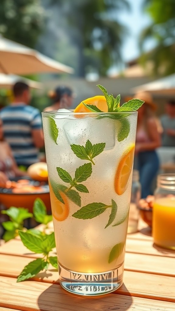 A refreshing glass of Tangy Ginger Mint Fizz with mint leaves and lemon slices.