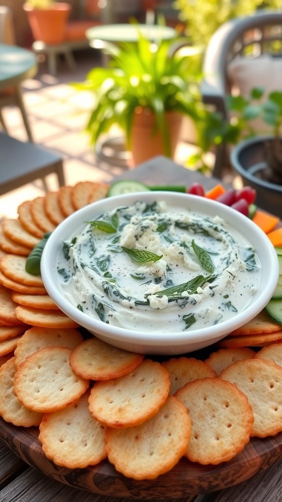 A creamy feta and spinach dip served in a bowl, surrounded by crackers and fresh vegetables.
