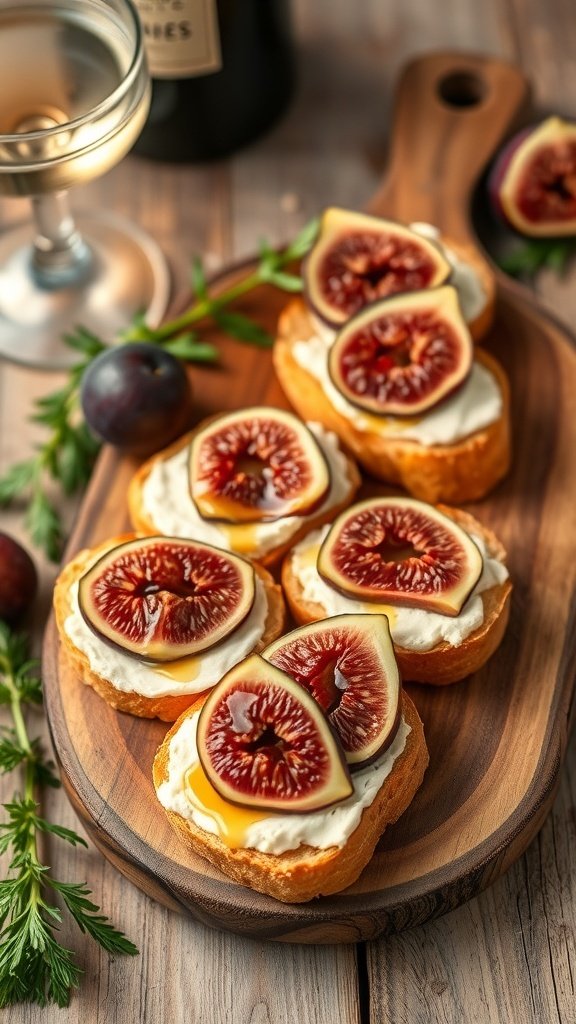 Bruschetta topped with figs and goat cheese on a wooden platter