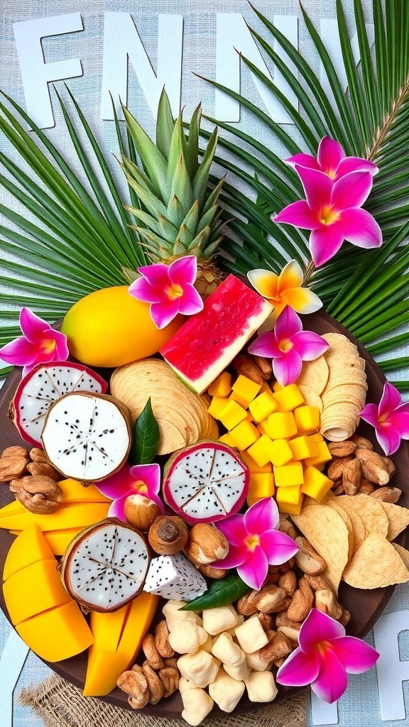 A colorful summer charcuterie board featuring tropical fruits, nuts, and edible flowers.