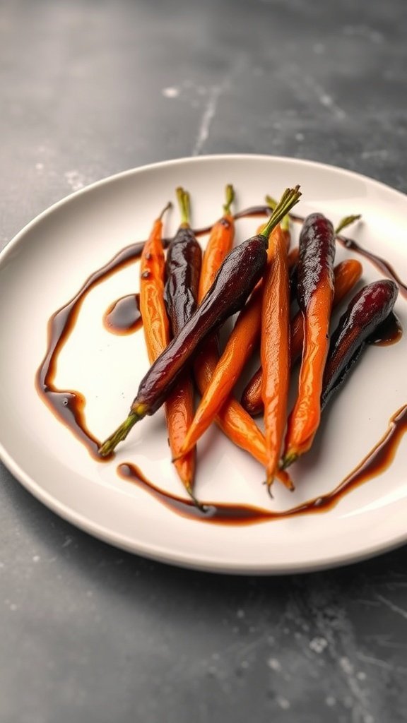A plate of balsamic glazed carrots, showcasing vibrant orange and purple colors, drizzled with a glossy balsamic glaze.