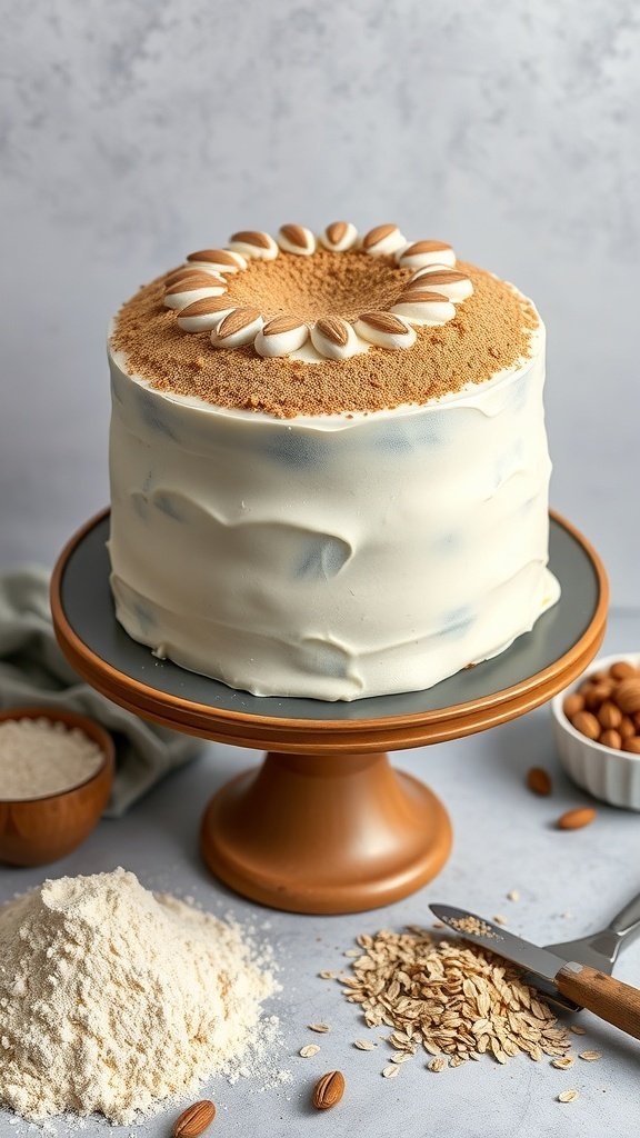 A beautifully decorated gluten-free vegan carrot cake with a creamy frosting and almond garnish.