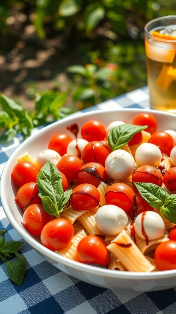 A colorful bowl of Caprese pasta salad with cherry tomatoes, mozzarella balls, and fresh basil, drizzled with balsamic glaze.