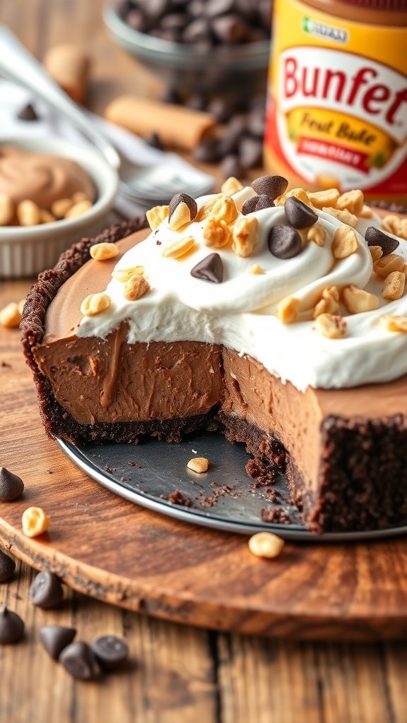 A slice of no-bake chocolate peanut butter pie with whipped cream and toppings on a wooden table.