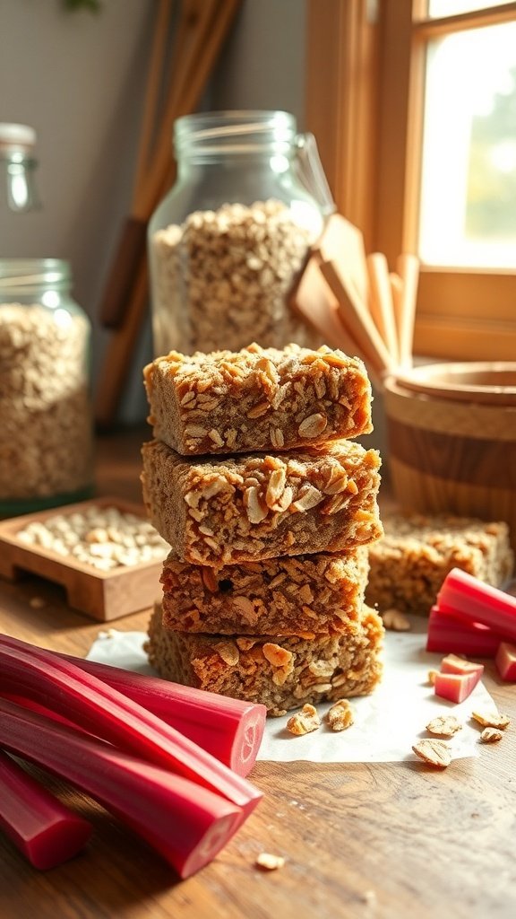 Nutty Oatmeal Rhubarb Crunch Bars with rhubarb stalks in the foreground