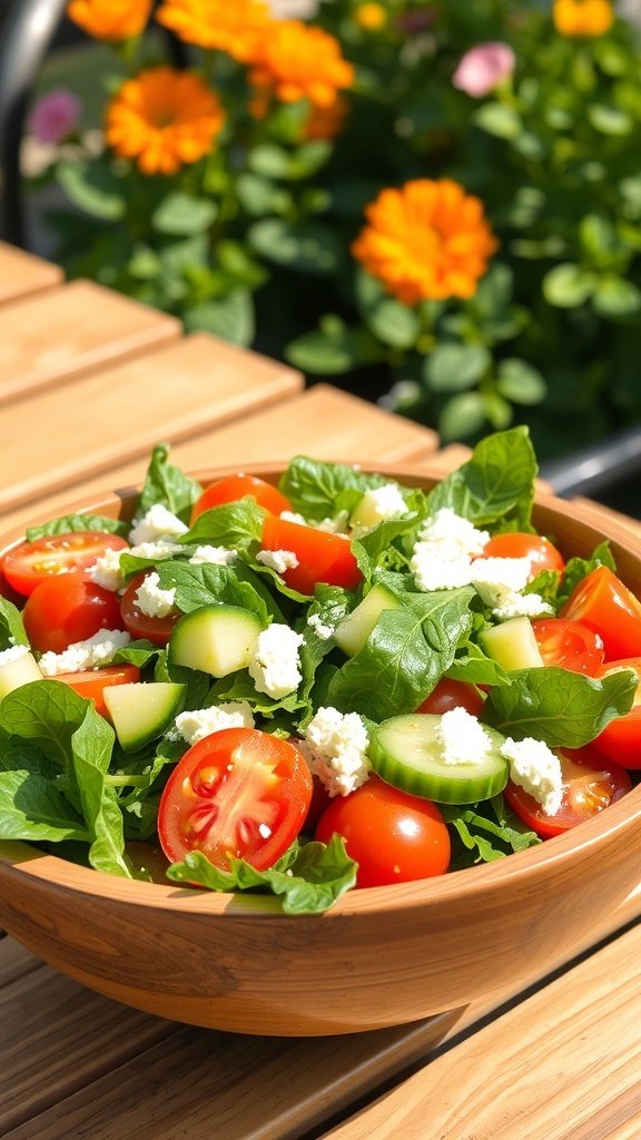 A colorful salad with spinach, cherry tomatoes, cucumbers, and feta cheese in a wooden bowl, surrounded by flowers.
