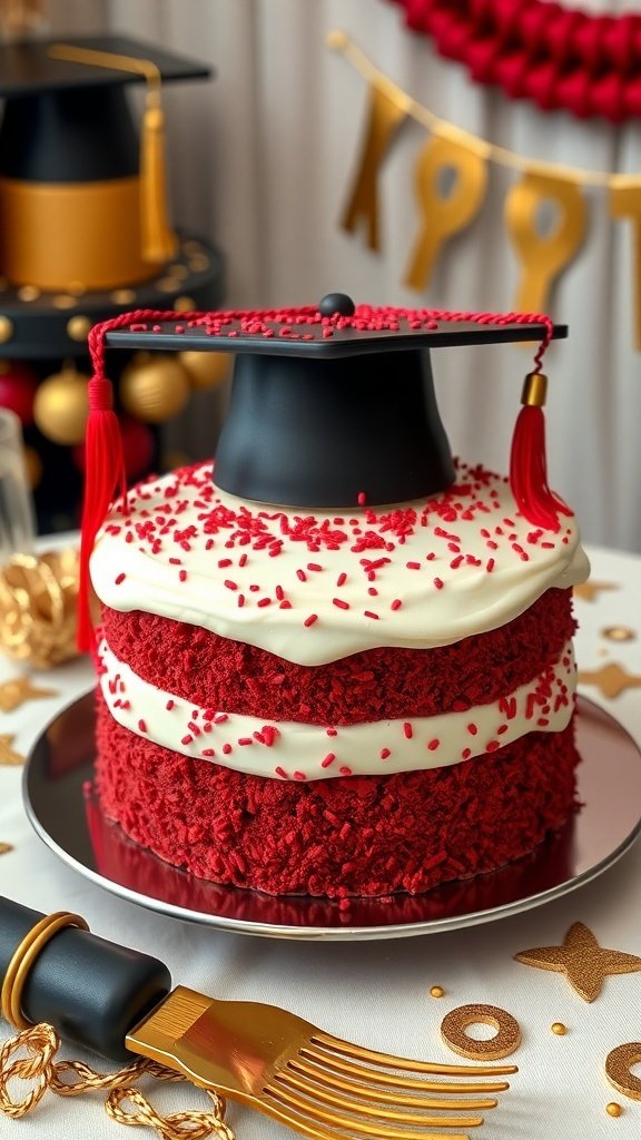 A classic red velvet graduation cake decorated with a graduation cap and sprinkles