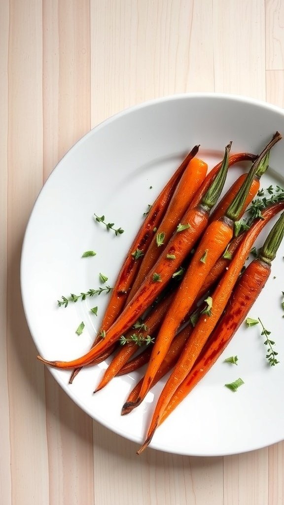 A plate of maple-glazed carrots garnished with thyme.