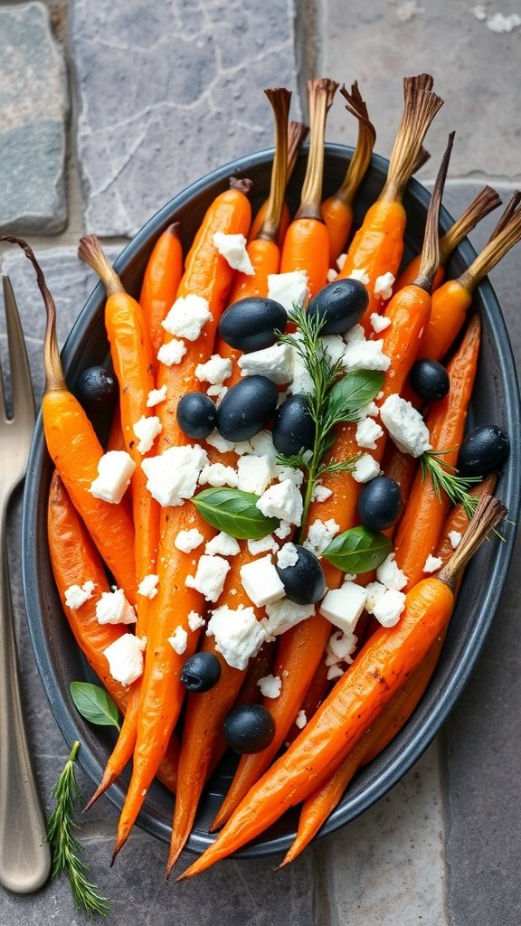 A dish of Mediterranean-inspired crockpot carrots topped with feta cheese and olives.