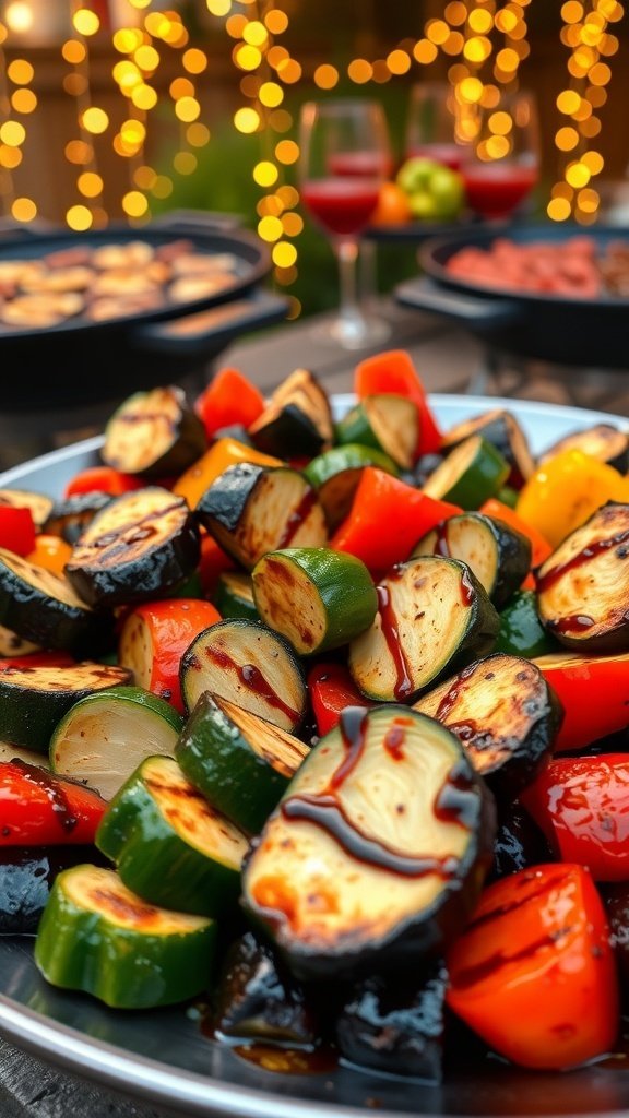 A colorful platter of grilled vegetables including zucchini, bell peppers, and eggplant, garnished with balsamic glaze.