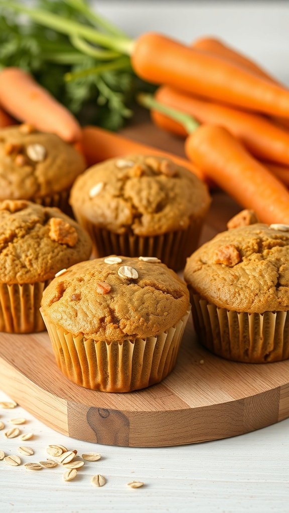 Healthy whole wheat carrot muffins with fresh carrots in the background