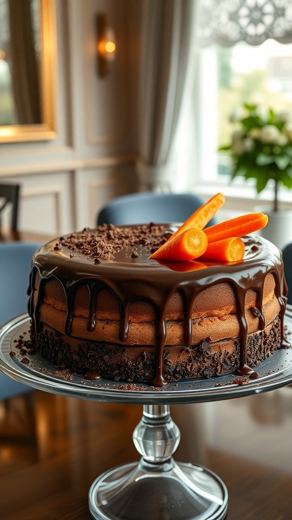 Rich chocolate carrot cake topped with chocolate ganache and carrot slices