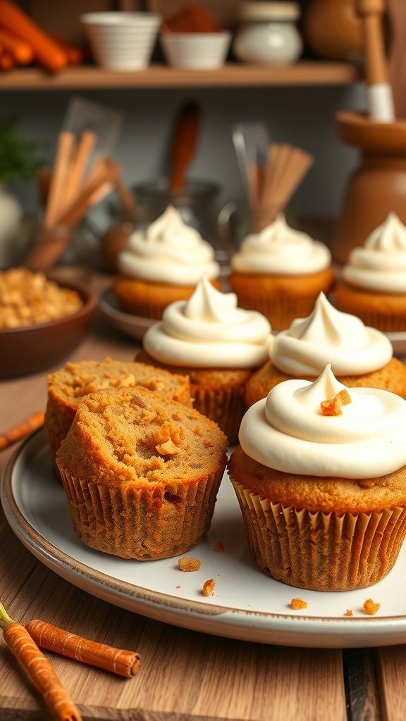 Carrot cake muffins topped with cream cheese frosting, displayed on a plate with fresh carrots and cinnamon sticks.