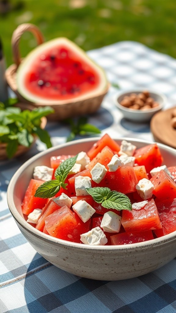 A bowl of watermelon feta salad with mint leaves, served outdoors.