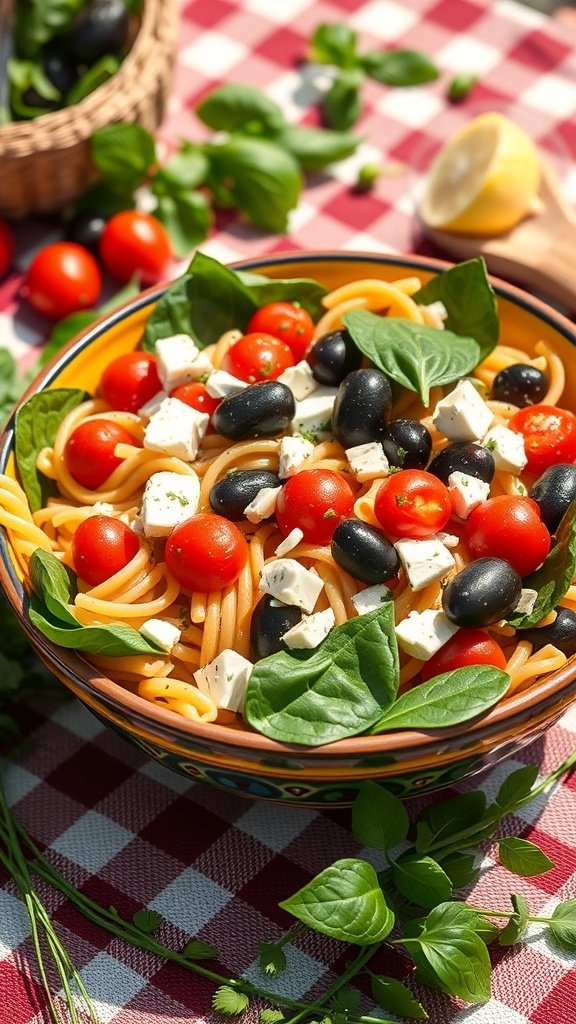 A colorful Mediterranean pasta salad with cherry tomatoes, black olives, feta cheese, and fresh basil.