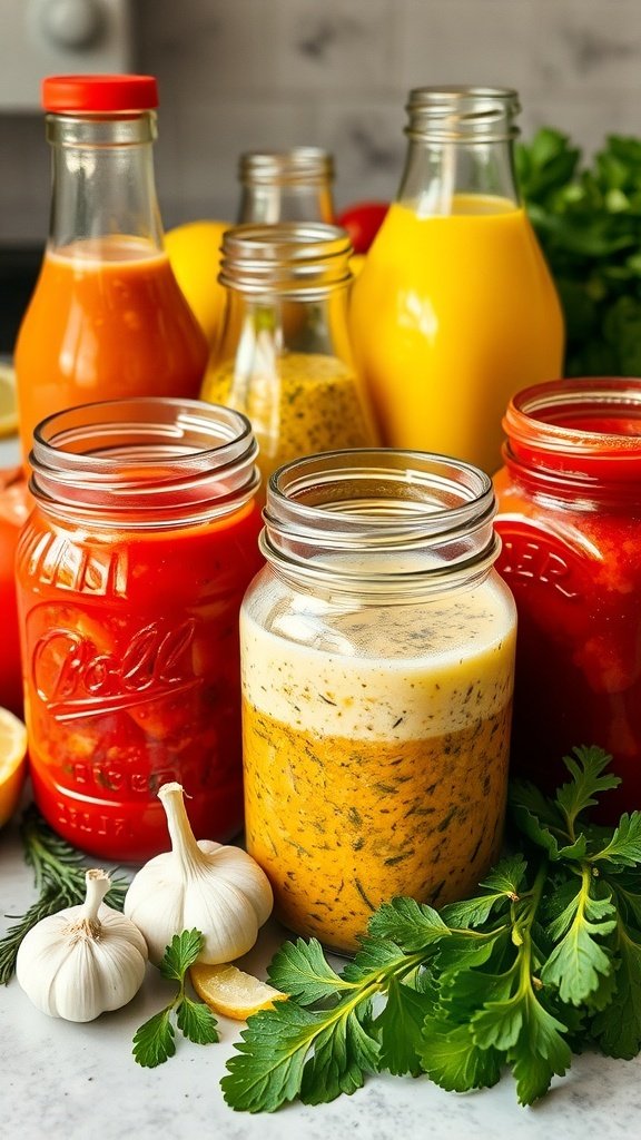 An assortment of colorful dressings and marinades in jars, with garlic and herbs in the foreground.