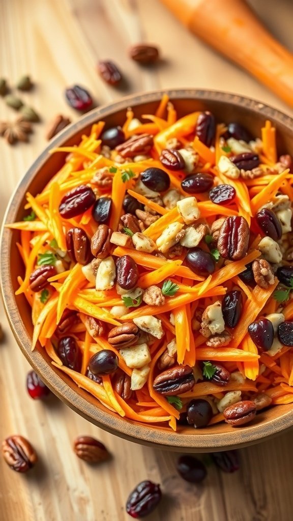 A bowl of nutty pecan and dried cranberry carrot raisin salad with vibrant orange carrots, pecans, and cranberries.