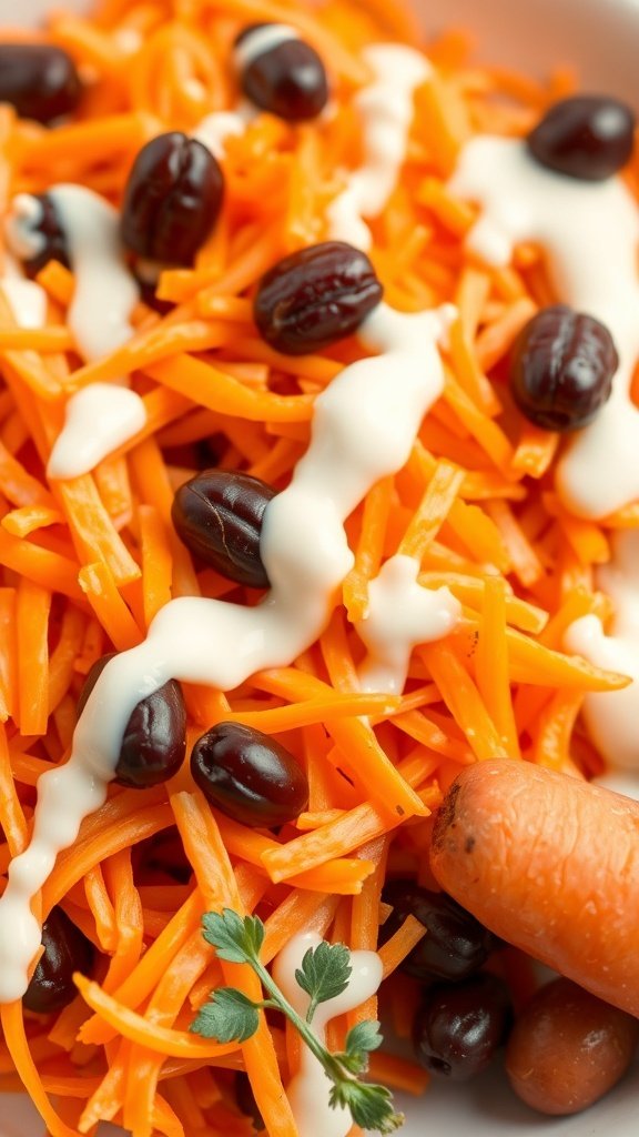 A vibrant carrot salad with shredded carrots, black beans, and creamy dressing.