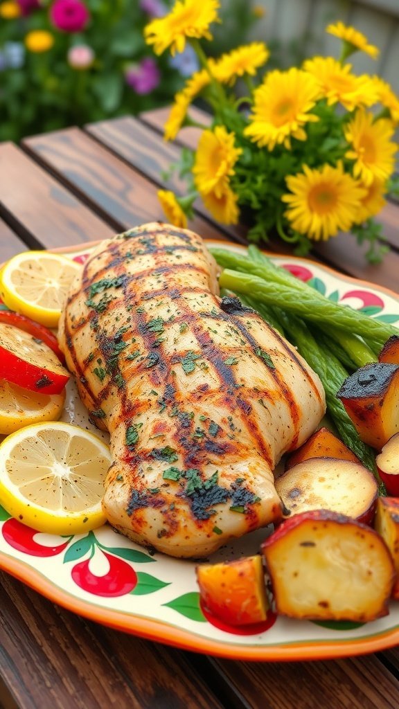 Grilled lemon herb chicken served with vegetables and lemon slices on a colorful plate