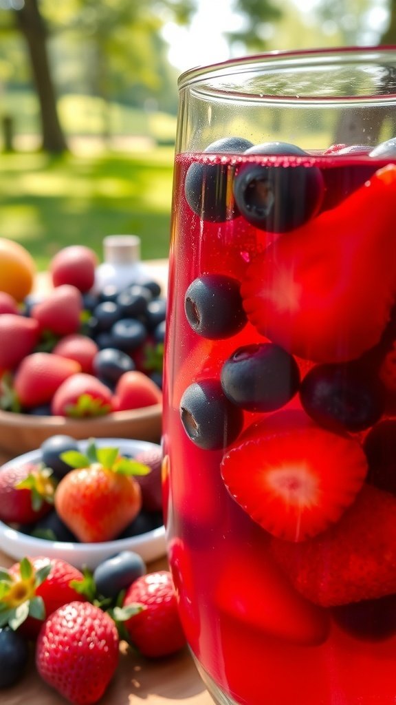 A refreshing glass of berry sangria filled with strawberries and blueberries, with more berries in the background.