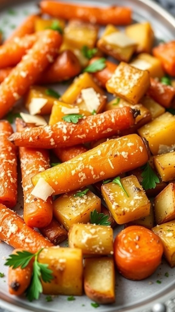 A plate of roasted carrots and potatoes topped with Parmesan cheese and garnished with parsley.
