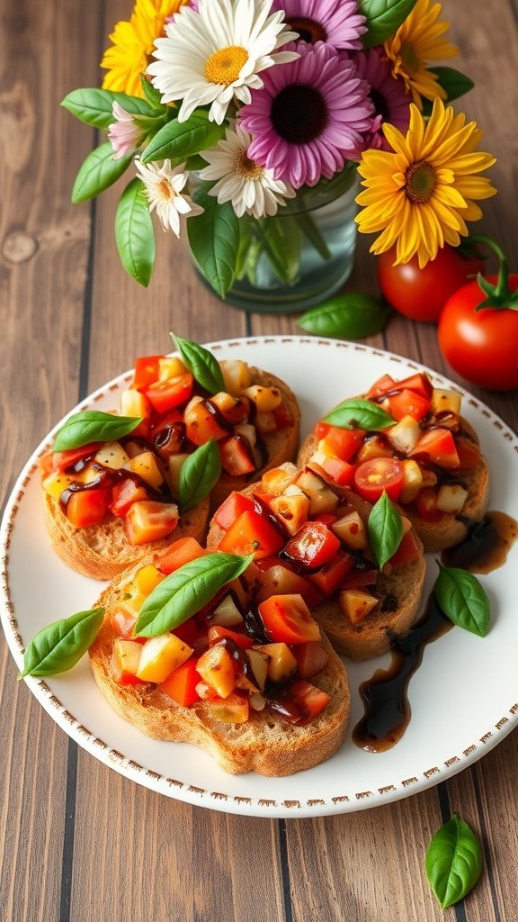A plate of bruschetta topped with diced summer tomatoes, basil, and balsamic glaze, with a bouquet of flowers in the background.