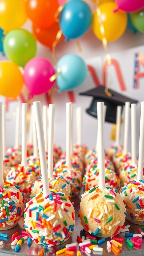 Colorful funfetti cake pops decorated with sprinkles, set against a backdrop of balloons for a graduation celebration.