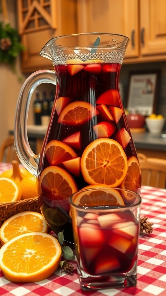 A pitcher of classic red wine sangria with sliced oranges and a glass beside it, set on a checkered tablecloth.