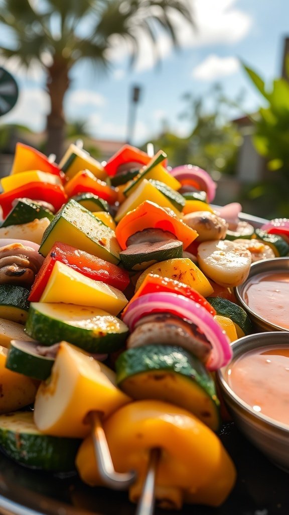 Colorful grilled vegetable skewers with bell peppers, zucchini, and mushrooms on a plate with dipping sauce