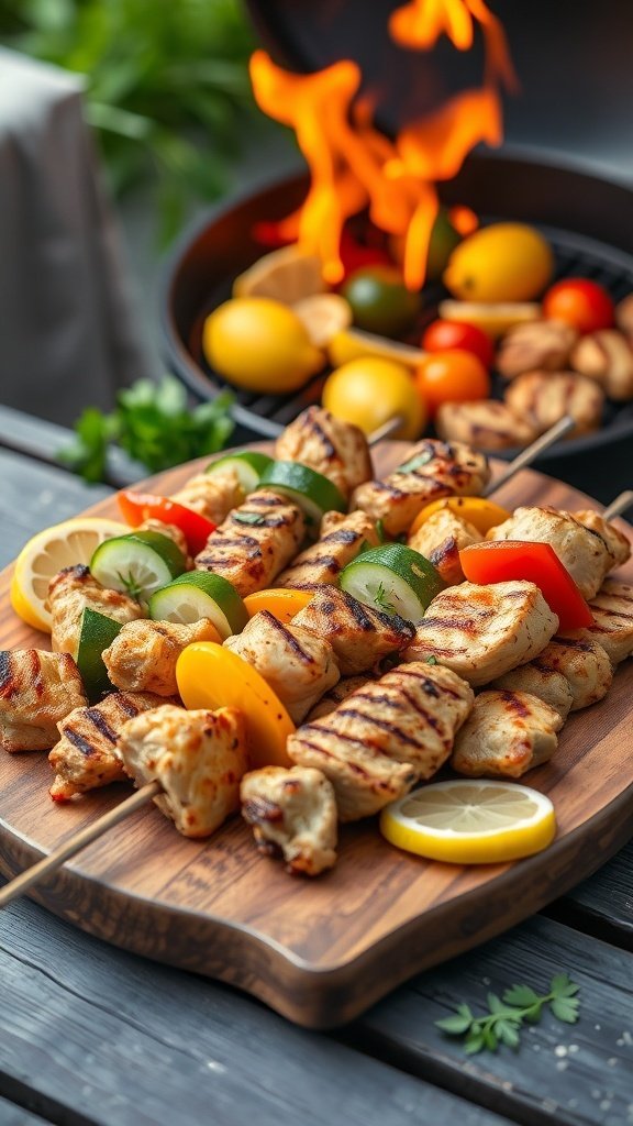 Grilled chicken and vegetable skewers on a wooden board with lemon slices