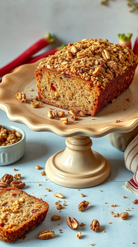 A loaf of nutty rhubarb bread with a crunchy topping on a cake stand, surrounded by pecans.