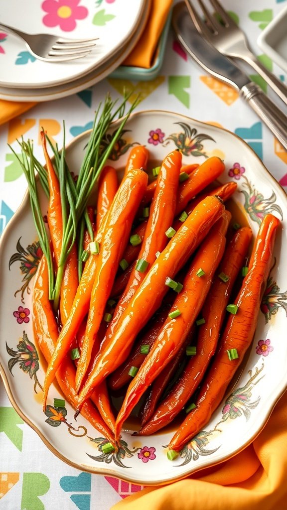 A plate of sweet and sour roasted carrots garnished with chives.