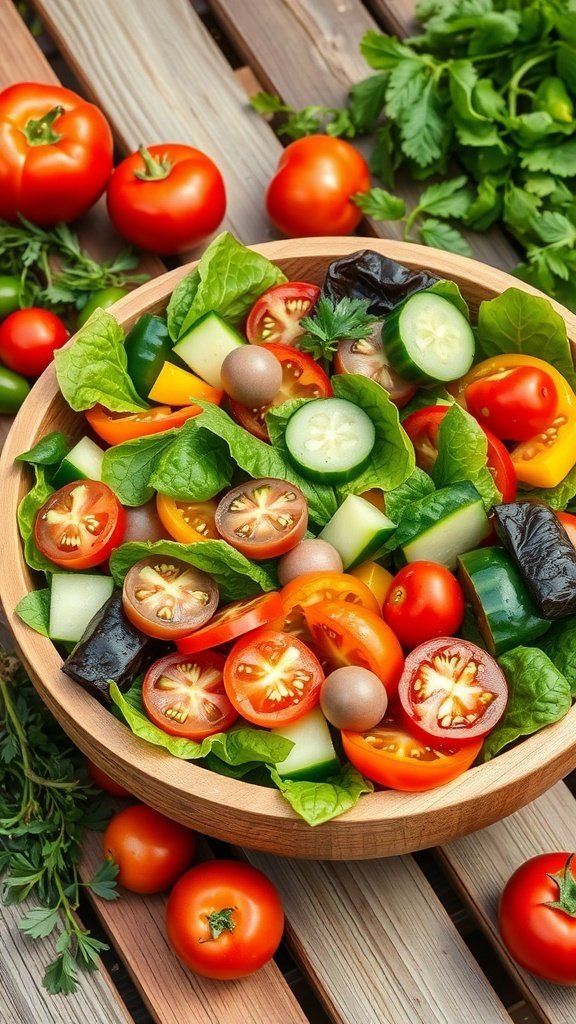 A colorful summer salad with mixed greens, tomatoes, cucumbers, and peppers in a wooden bowl.