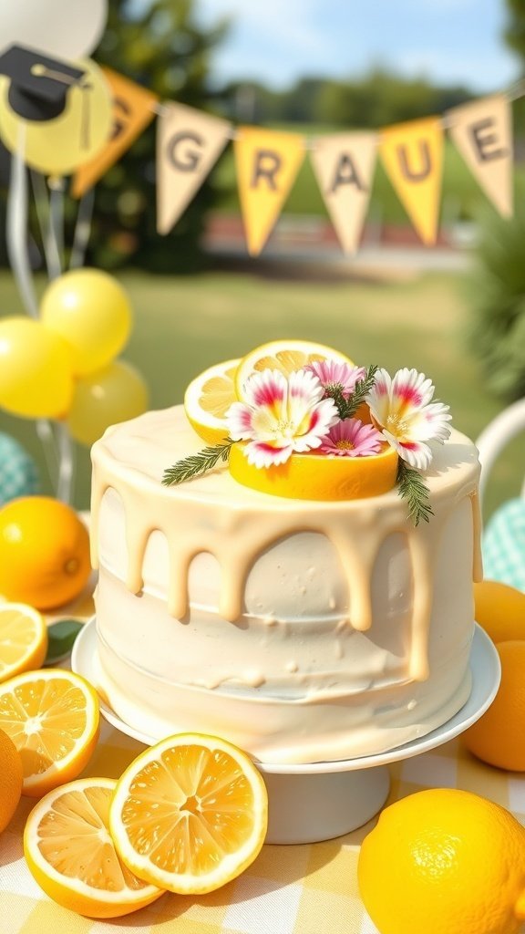 A classic lemon cake decorated with lemon slices and flowers, set against a festive graduation backdrop.