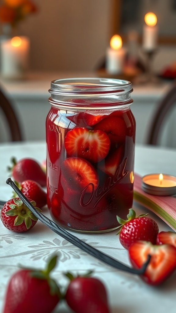 A jar of strawberry rhubarb jam with a vanilla bean beside it, surrounded by fresh strawberries.