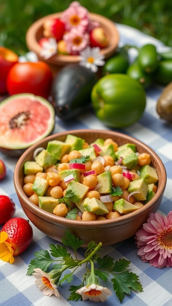 A bowl of creamy avocado and chickpea salad surrounded by fresh vegetables and fruits.