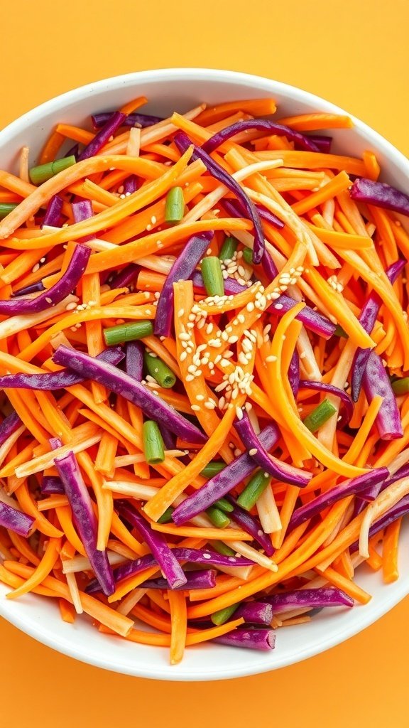 A colorful bowl of crunchy rainbow carrot slaw with ginger dressing, featuring julienned carrots, shredded purple cabbage, and green onions, topped with sesame seeds.