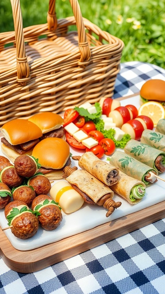 A picnic spread featuring mini sliders, veggie rolls, fruit skewers, cheese cubes, and crackers.