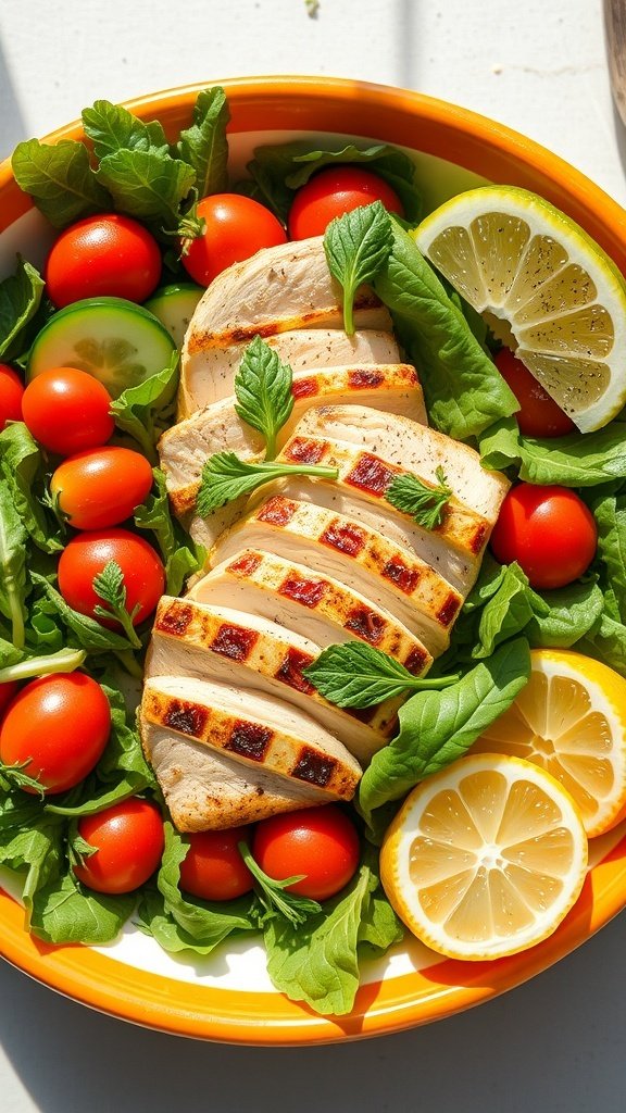A refreshing summer salad with grilled chicken, cherry tomatoes, and lemon wedges.