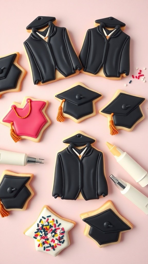 Decorated graduation cookies in the shape of caps and gowns with royal icing.