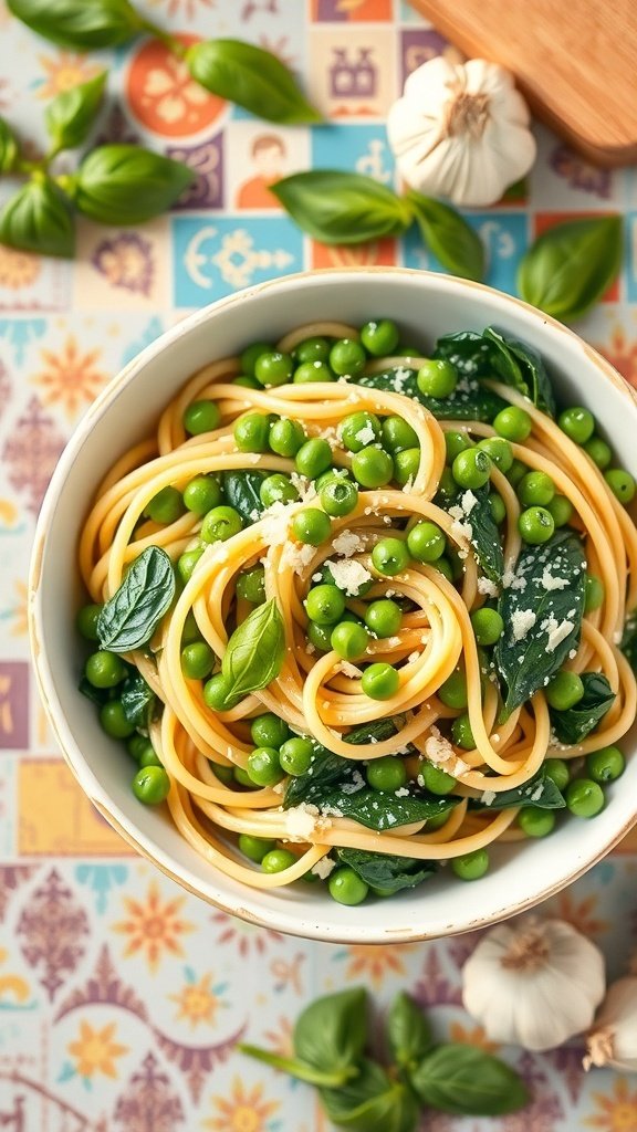 A bowl of creamy pasta with peas and spinach, garnished with fresh basil.