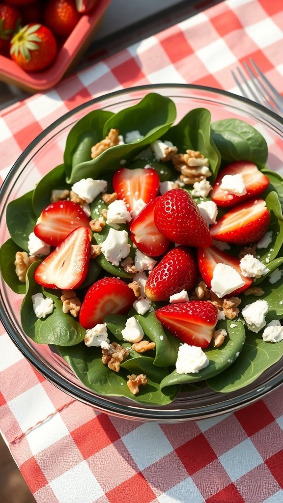 A vibrant spinach and strawberry salad with feta and walnuts, served in a clear bowl on a checkered tablecloth.
