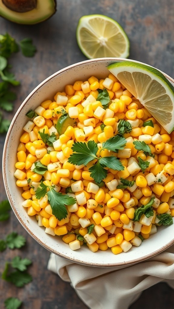 A bowl of zesty corn and avocado salad with lime and cilantro garnishes.