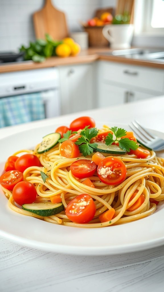 A plate of pasta primavera with cherry tomatoes, zucchini, and bell peppers.