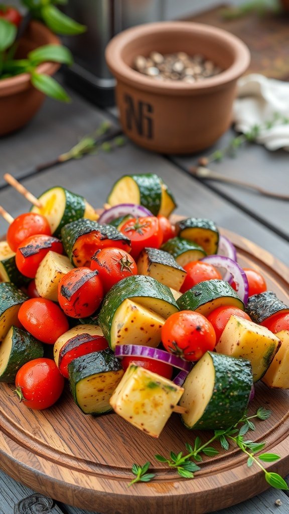 A platter of colorful grilled vegetable skewers featuring zucchini, cherry tomatoes, and red onion.
