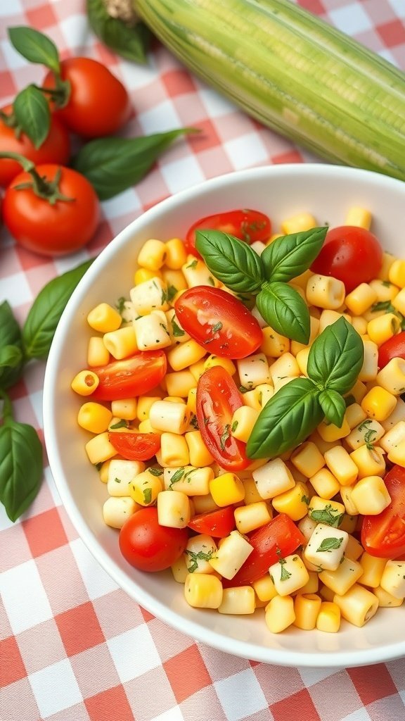 A bowl of summer corn salad with tomatoes and basil on a checkered tablecloth.