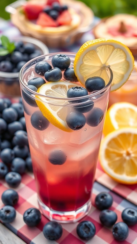 A refreshing glass of fruity blueberry lemon iced tea with fresh blueberries and lemon slices.