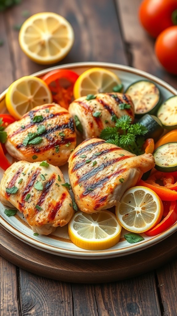Grilled lemon herb chicken served with colorful vegetables and lemon slices